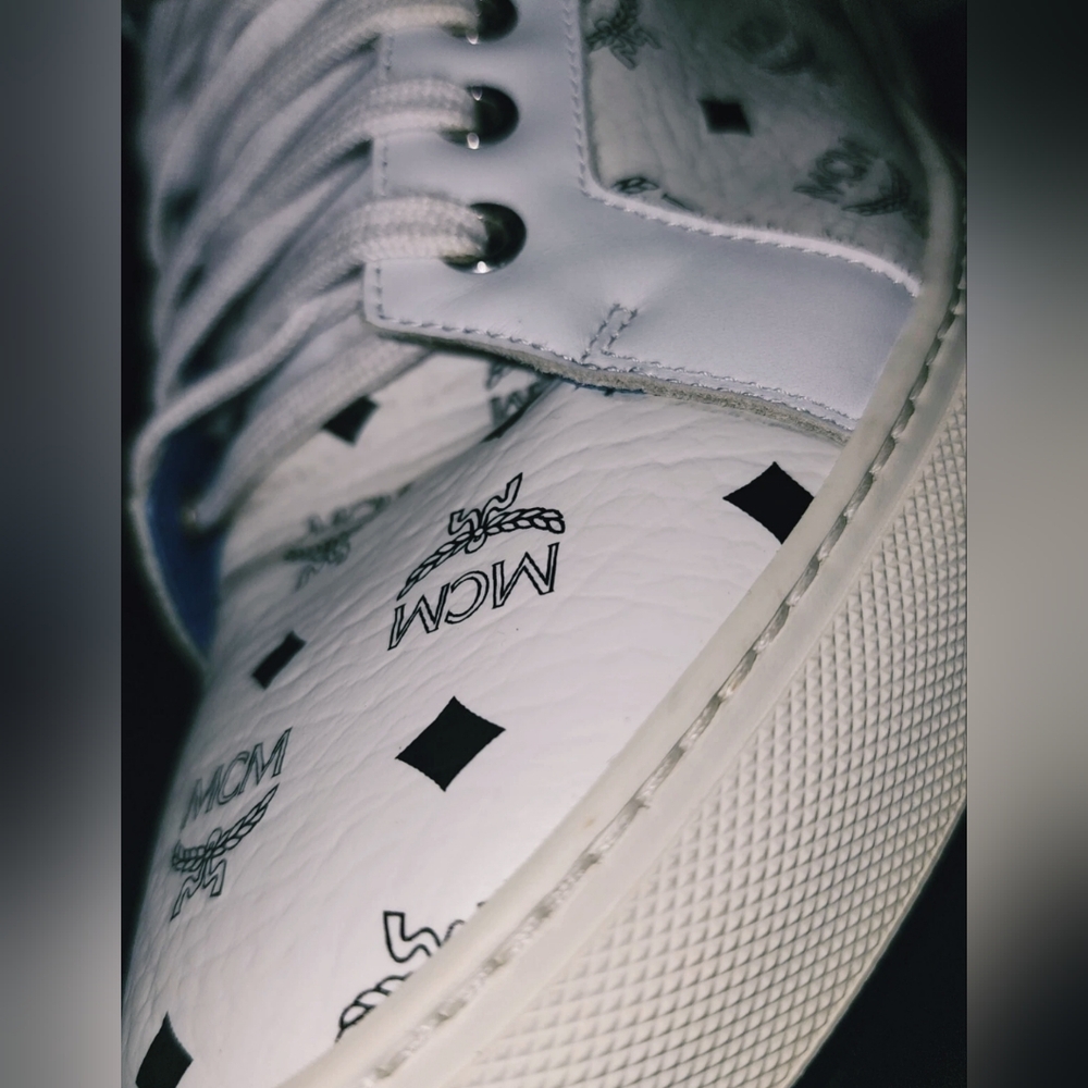 Rare MCM White High-Top Sneakers with Blue Accents Mens 12 - Picture 4 of 10
